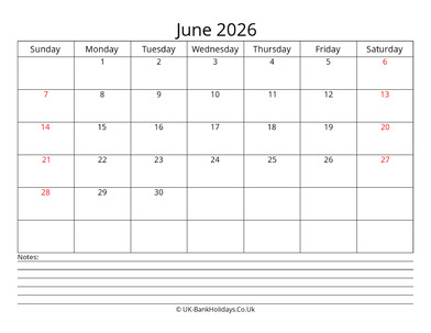 june 2026 uk calendar with notes