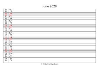 june 2028 monthly uk calendar free