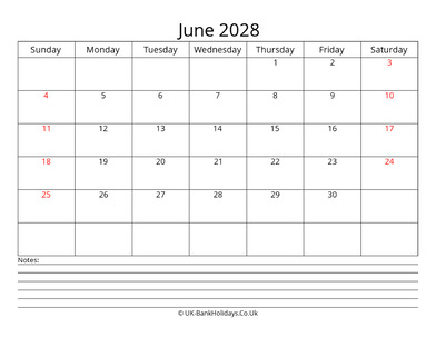 june 2028 uk calendar with notes