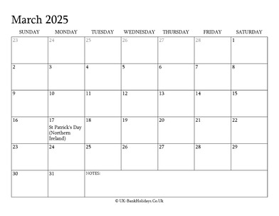 march 2025 editable uk calendar with holidays
