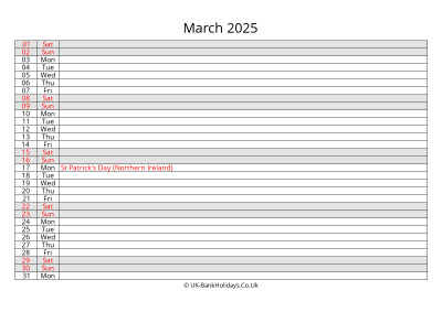 march 2025 monthly uk calendar free