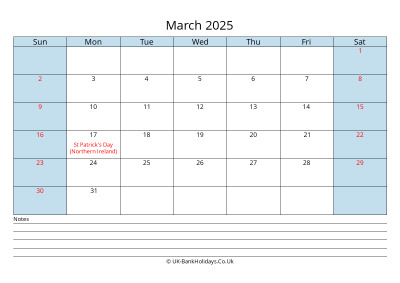 march 2025 monthly uk calendar printable