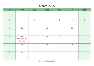 march 2025 uk calendar to print