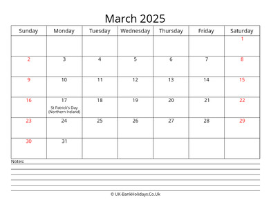 march 2025 uk calendar with notes