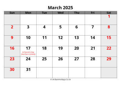 march 2025 word uk calendar
