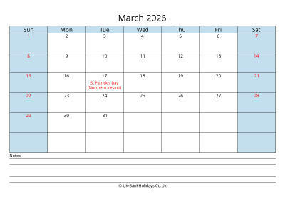 2026 March Calendar with Notes