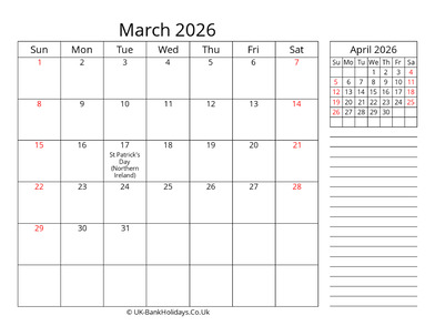 march 2026 uk calendar template