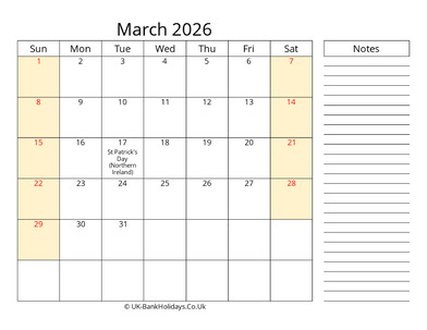 march 2026 uk calendar that work