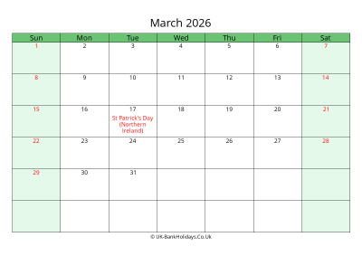 march 2026 uk calendar to print