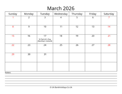 march 2026 uk calendar with notes