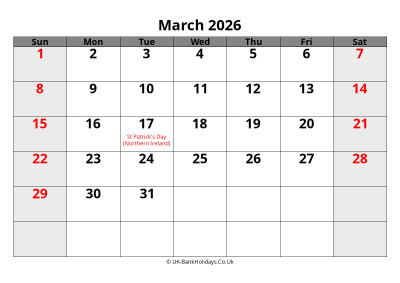 march 2026 word uk calendar