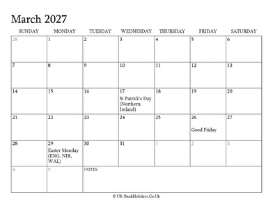 march 2027 editable uk calendar with holidays