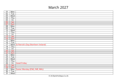 march 2027 monthly uk calendar free