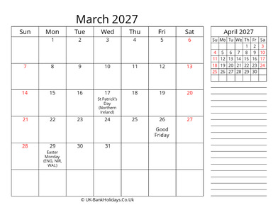 march 2027 uk calendar template