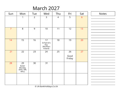 march 2027 uk calendar that work