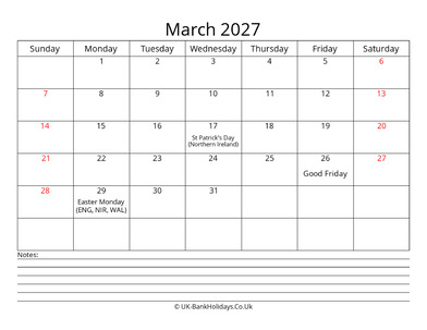 march 2027 uk calendar with notes