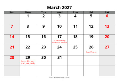 march 2027 word uk calendar