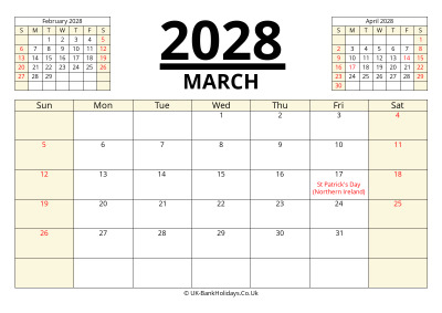 march 2028 printable uk calendar