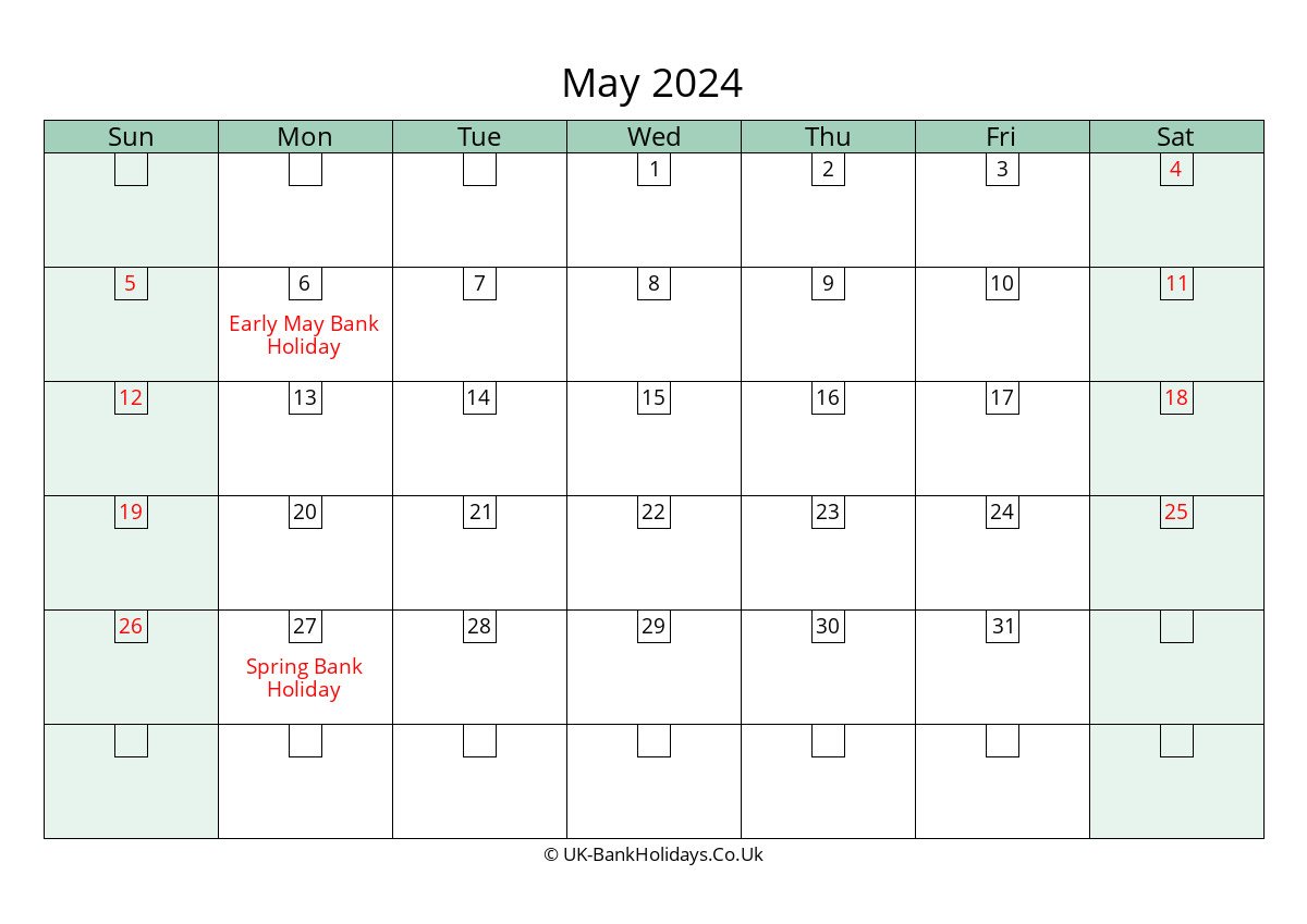 May 2024 Calendar Printable With Bank Holidays Uk Landscape 