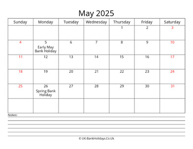 may 2025 uk calendar with notes