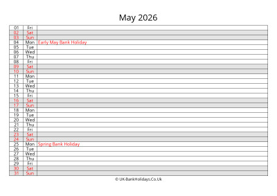 may 2026 monthly uk calendar free