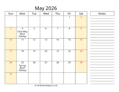 may 2026 uk calendar that work