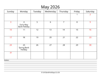 may 2026 uk calendar with notes