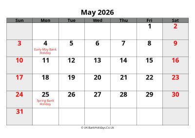may 2026 word uk calendar
