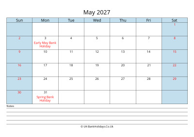 2027 May Calendar with Notes