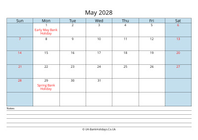 2028 May Calendar with Notes