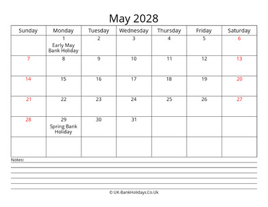 may 2028 uk calendar with notes