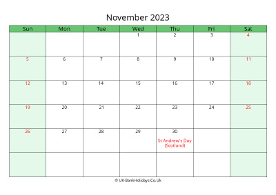 november 2023 uk calendar to print