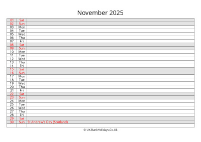 november 2025 monthly uk calendar free