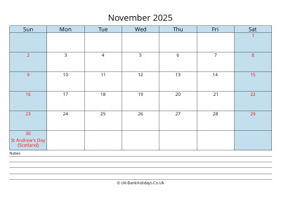 november 2025 monthly uk calendar printable