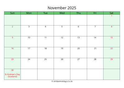 november 2025 uk calendar to print