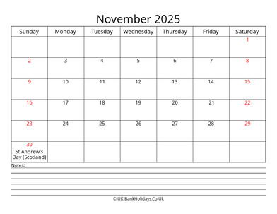 november 2025 uk calendar with notes