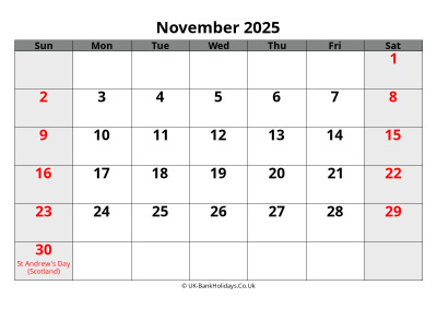 november 2025 word uk calendar