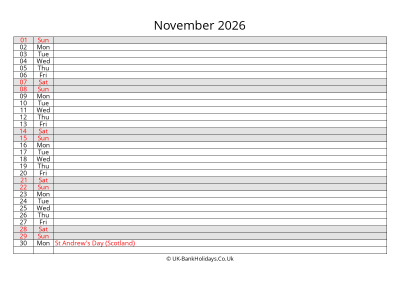 november 2026 monthly uk calendar free
