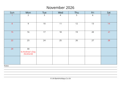 2026 November Calendar with Notes