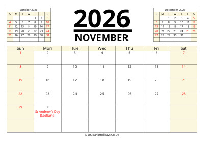 november 2026 printable uk calendar