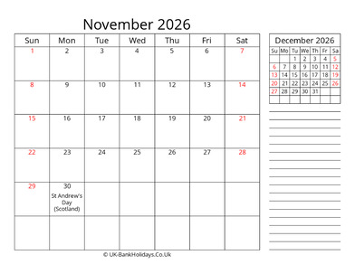 november 2026 uk calendar template