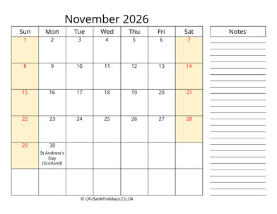 november 2026 uk calendar that work