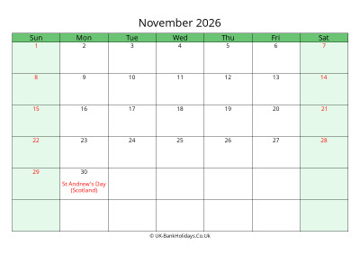 november 2026 uk calendar to print