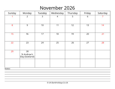 november 2026 uk calendar with notes