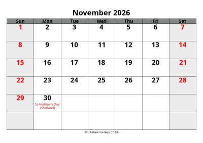 november 2026 word uk calendar