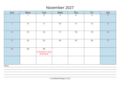 2027 November Calendar with Notes