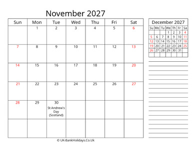 november 2027 uk calendar template
