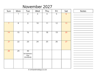 november 2027 uk calendar that work