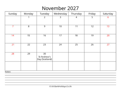 november 2027 uk calendar with notes