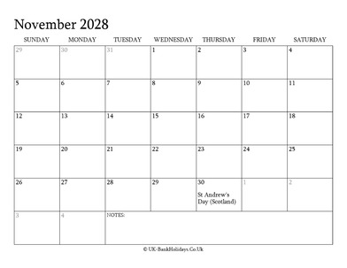 november 2028 editable uk calendar with holidays